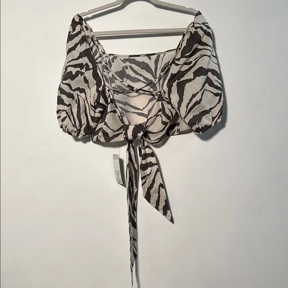 HALARA NWT Boho Beach Zebra Puff SLV Tie Back Square Neck Brown/Tan Crop Top XL - Picture 6 of 16